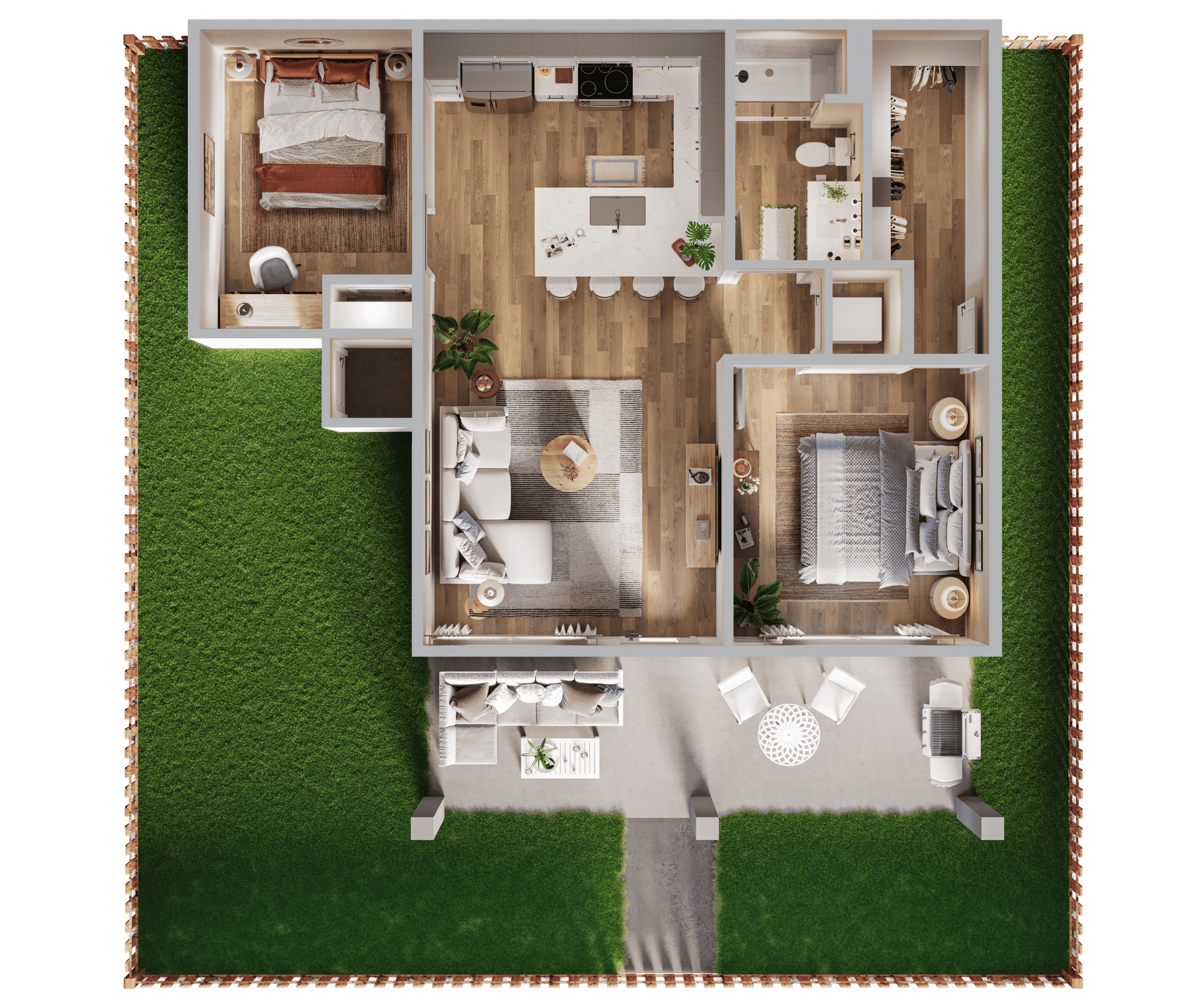 Top-down 3D floor plan of a small home with two bedrooms, living area, kitchen, bath, and patio on a green lawn.