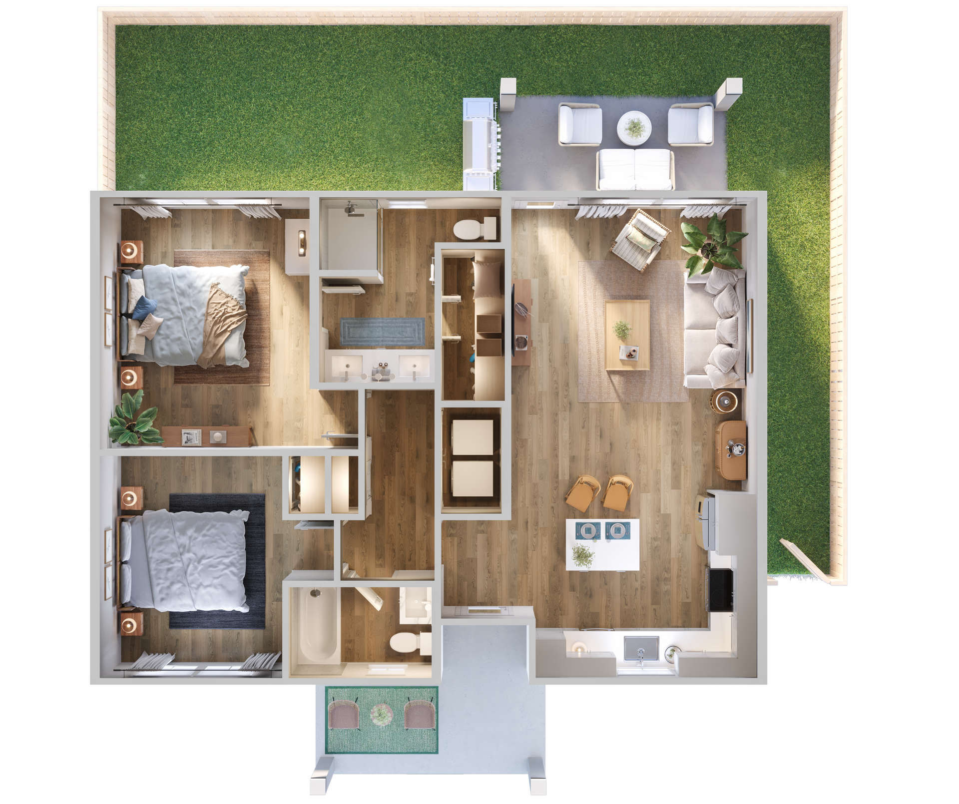 Top-down floor plan of a modern apartment with bedroom, kitchen, bath, and living room on green terrace backdrop