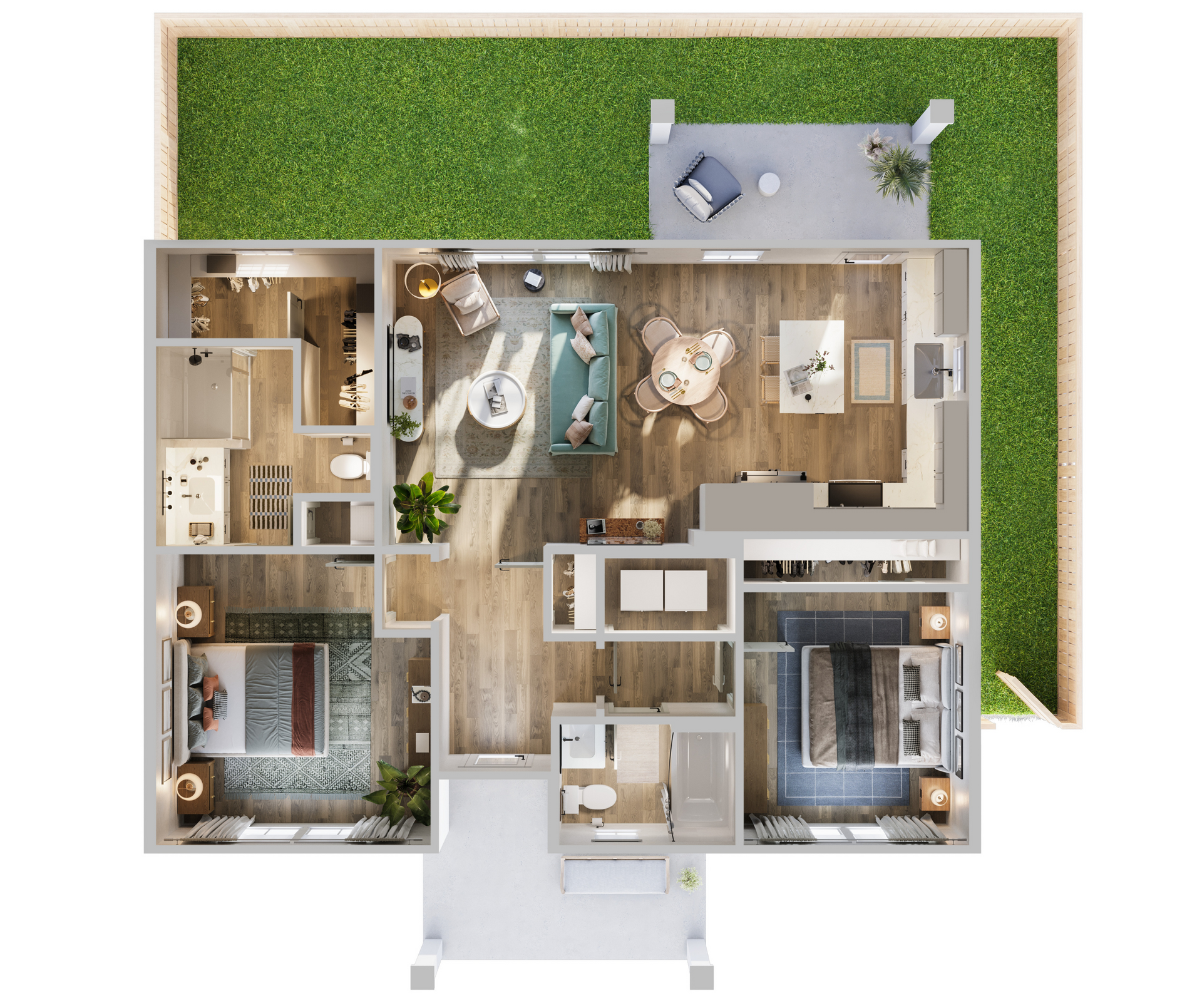 Top-down 3D floor plan of a small house with rooms, patio, furniture, and a backyard garden.