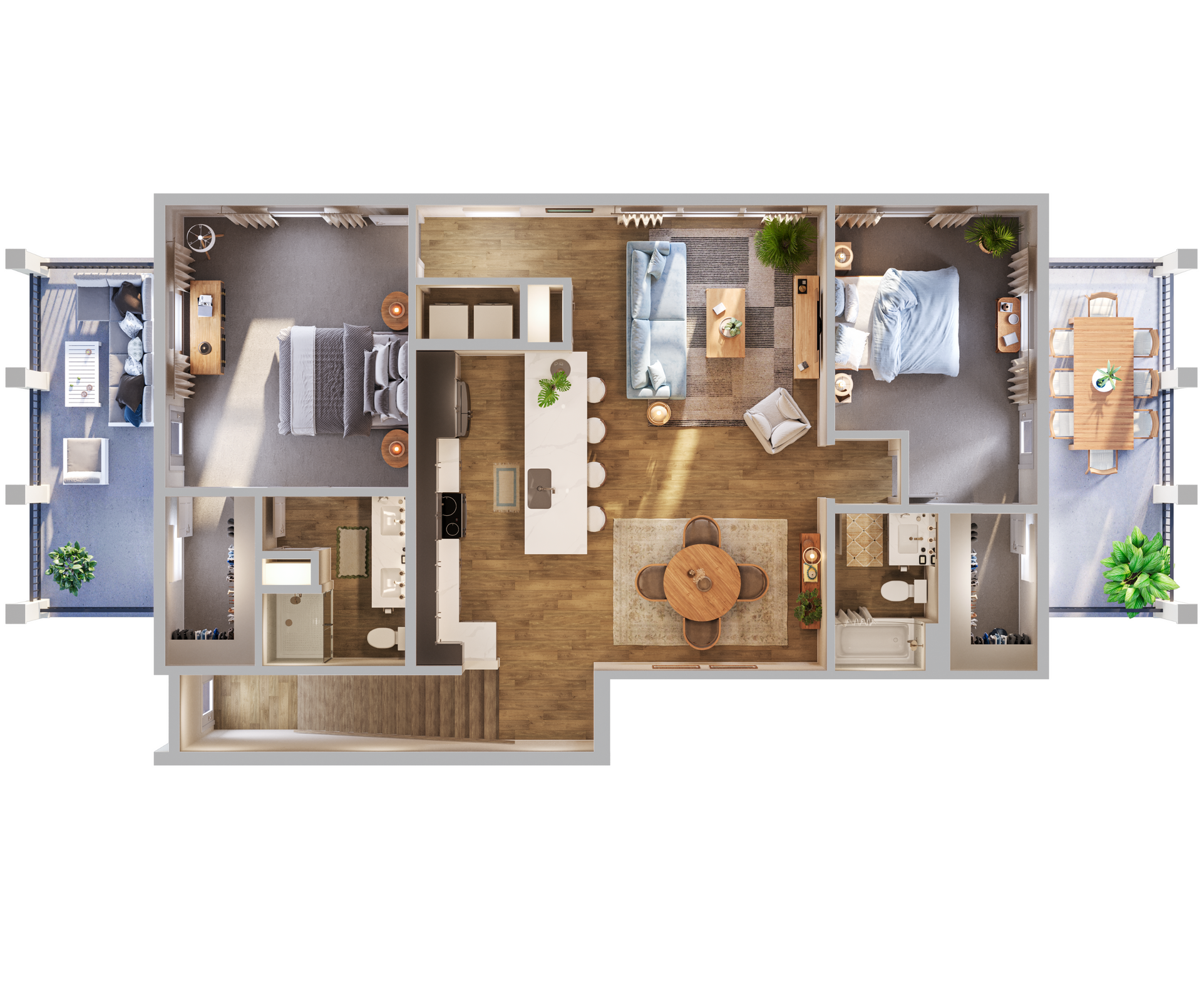 Top-down apartment floor plan with bedroom, living area, kitchen, bathroom, and balcony in neutral tones