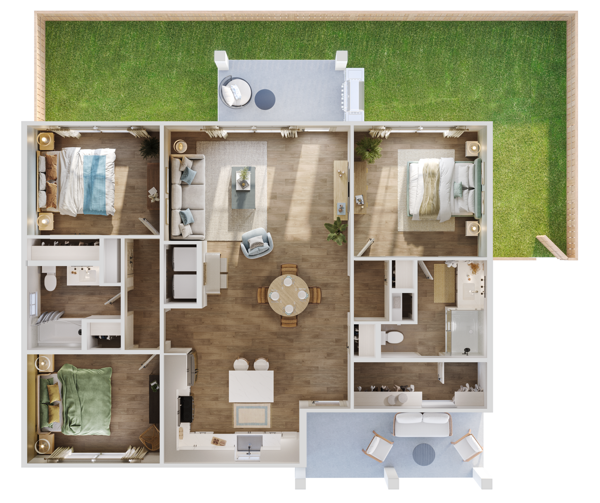 Top-down apartment floor plan with bedroom, living area, kitchen, bathroom, and balcony in neutral tones