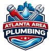 Atlanta Area Plumbing logo with red banner, blue shield, water drop, and wrench icons