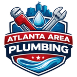 Atlanta Area Plumbing logo with red banner, blue shield, water drop, and wrench icons
