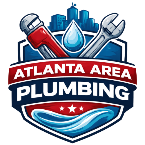 Atlanta Area Plumbing logo with red banner, blue shield, water drop, and wrench icons