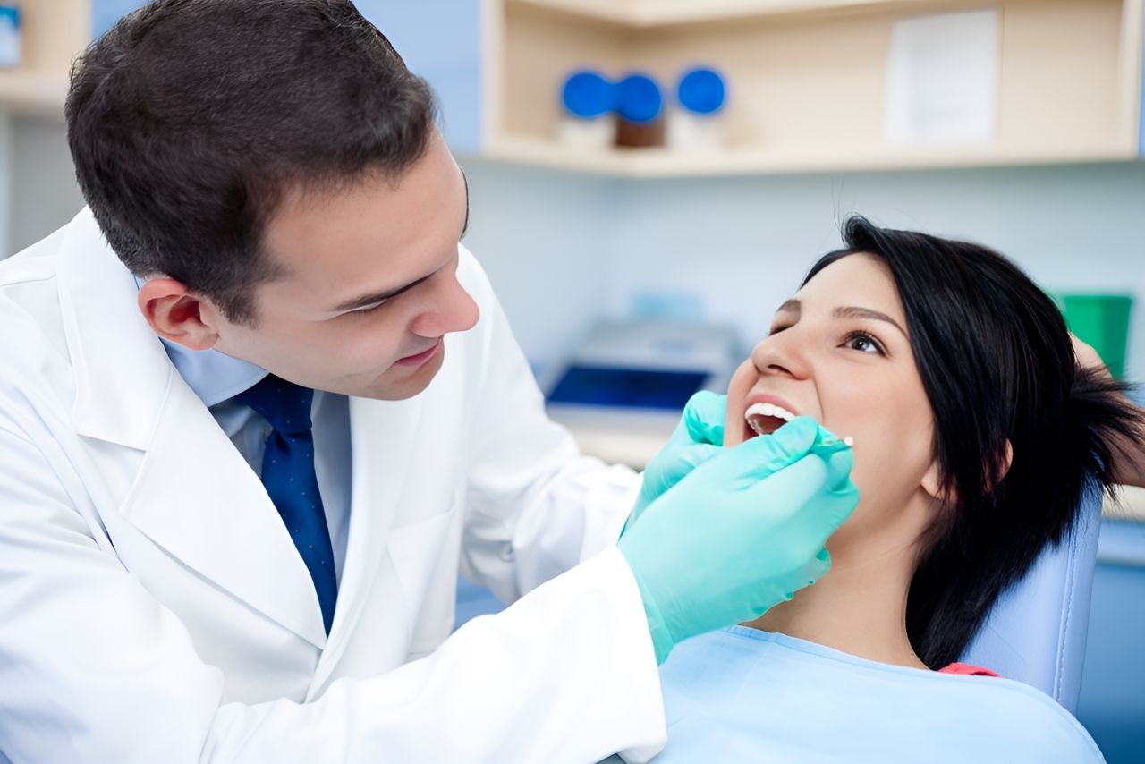 Woman is Sitting in Chair While a Dentist Examines Her Teeth — Bytes of Byron–Bio Holistic Dentistry in Northern Rivers, NSW