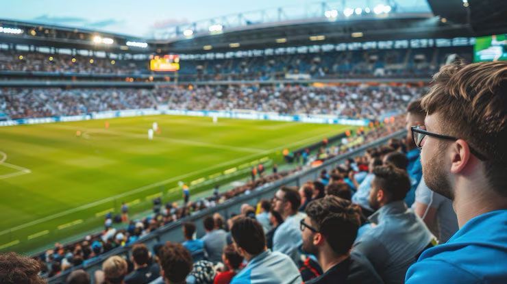 A crowded stadium seen from the stands, with spectators watching a soccer match on the field below.