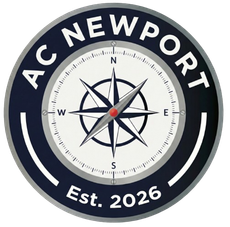 A circular logo featuring a nautical compass in the center, text reading