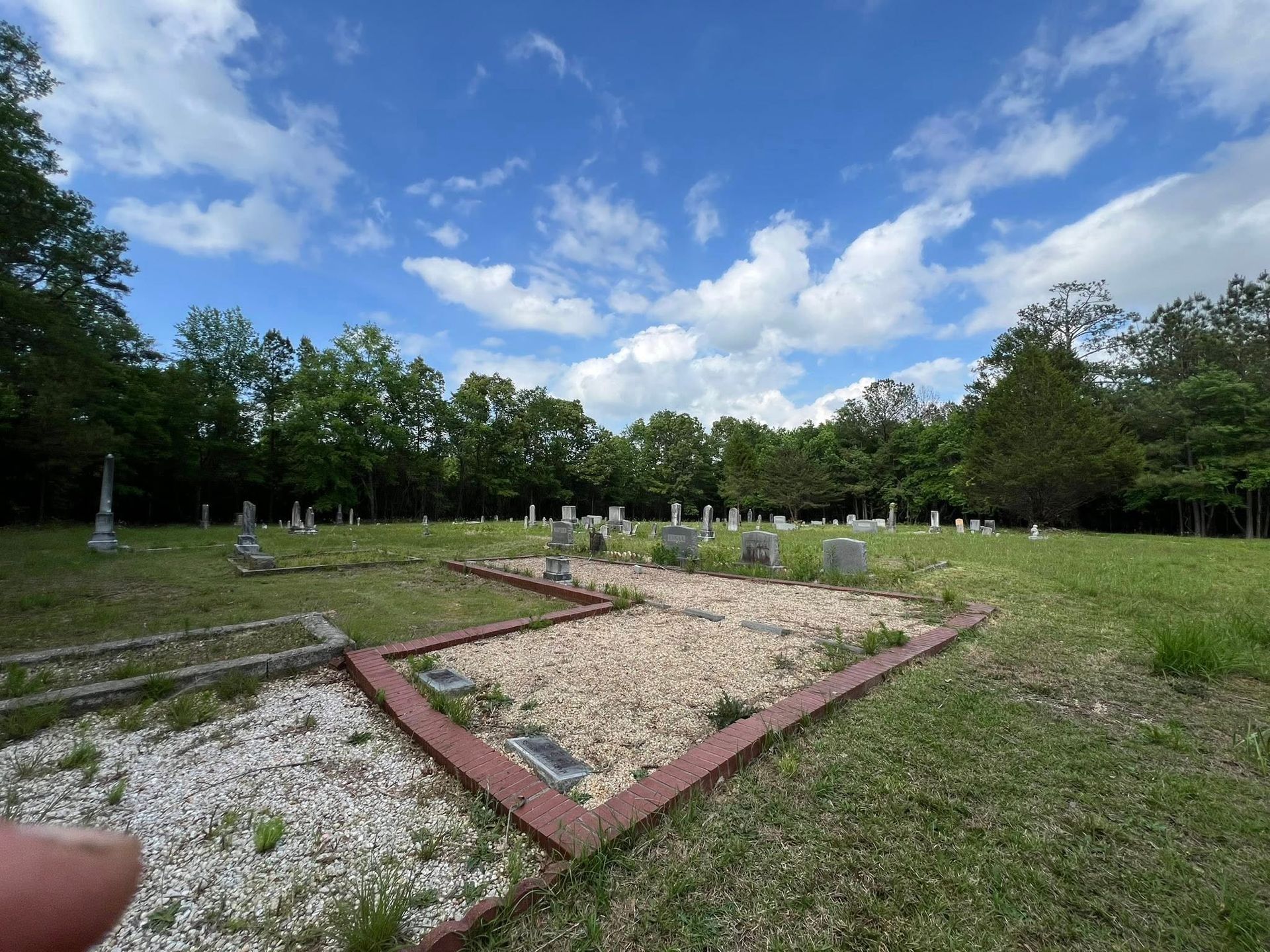 A sunny cemetery featuring several gravestones set in a grassy clearing surrounded by a dense forest under a blue sky.