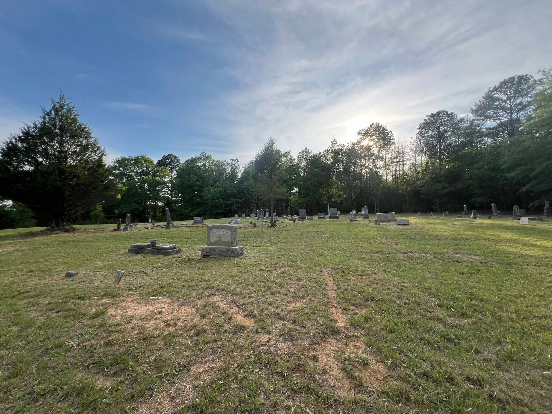 A quiet, grassy cemetery with various headstones under a bright, sunny sky with trees in the background.