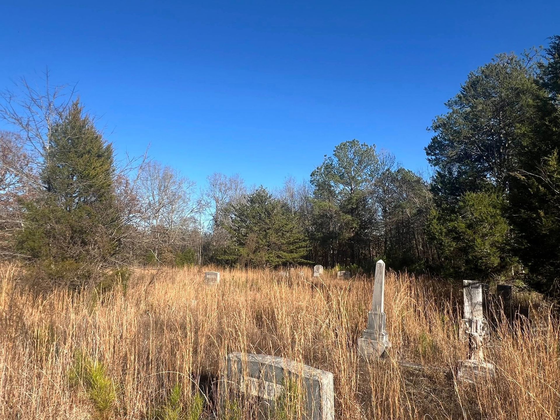Old, weathered gravestones stand in a field of tall, dry brown grass under a clear blue sky, surrounded by trees.