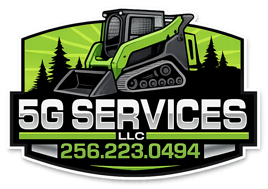 A logo for 5G Services LLC featuring a green skid steer loader against a forest backdrop and a phone number: 256.223.0494.