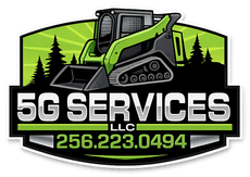 A logo for 5G Services LLC featuring a green skid steer loader against a forest backdrop and a phone number: 256.223.0494.