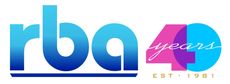 Logo for RBA, featuring blue text with