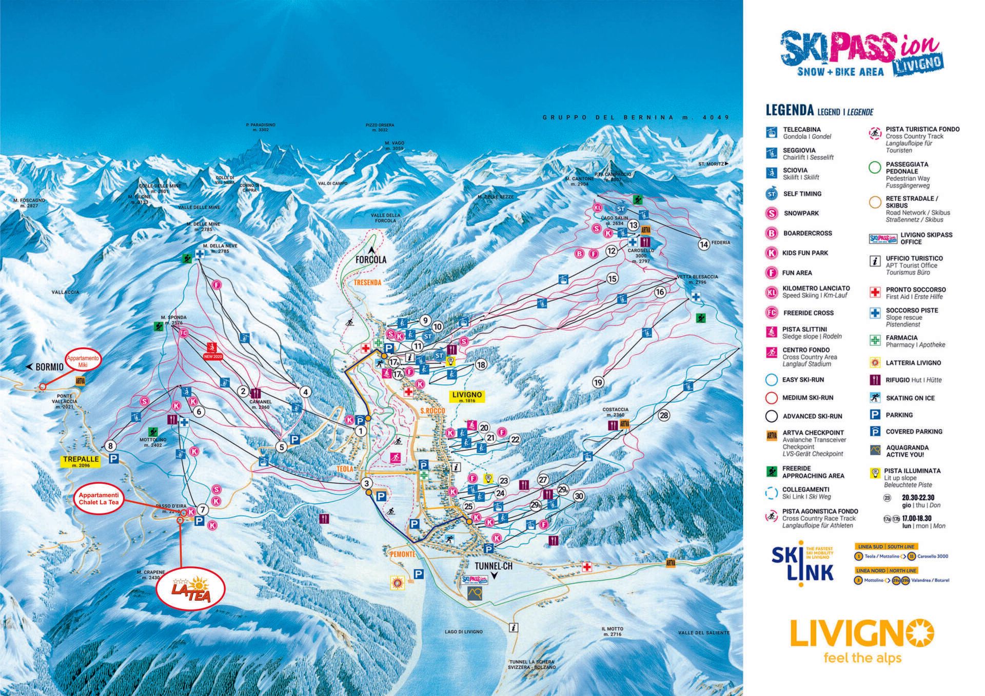 Mappa della stazione sciistica di Livigno con piste da sci, impianti di risalita e montagne circostanti.