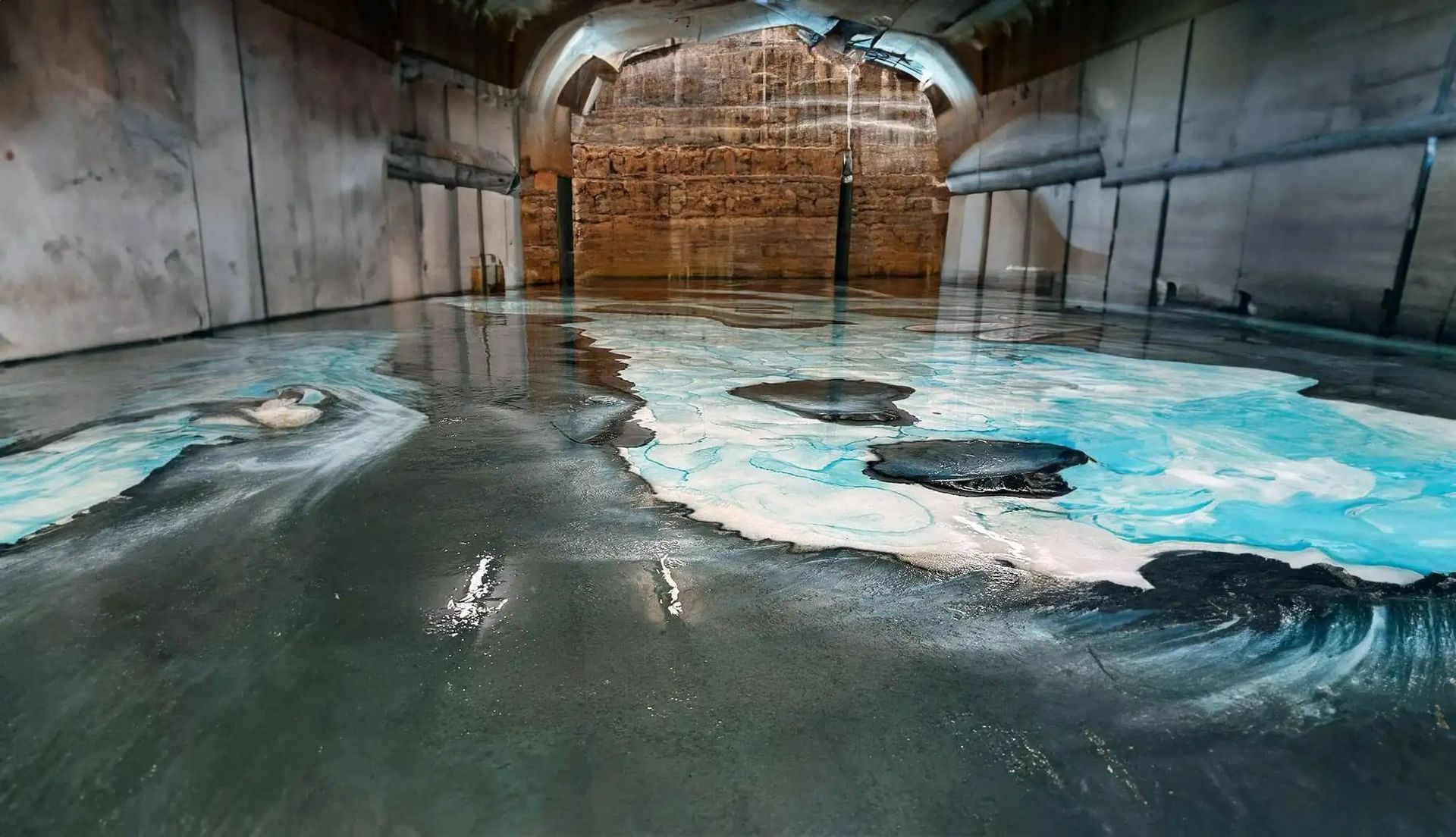 Interior of a flooded, industrial space with water and patches of turquoise residue on the floor. Brick archway in the background.