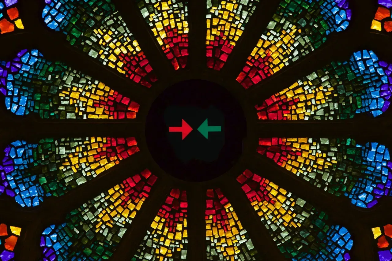 Rose window with two arrows pointing into the center in the center of the rose window.