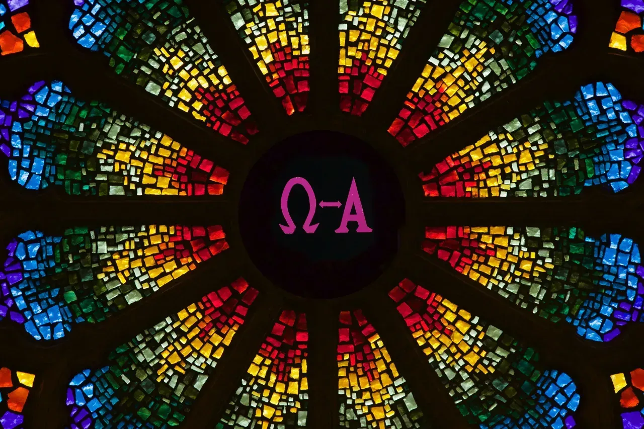 Rose window with the greek letters for end and beginning in the center.