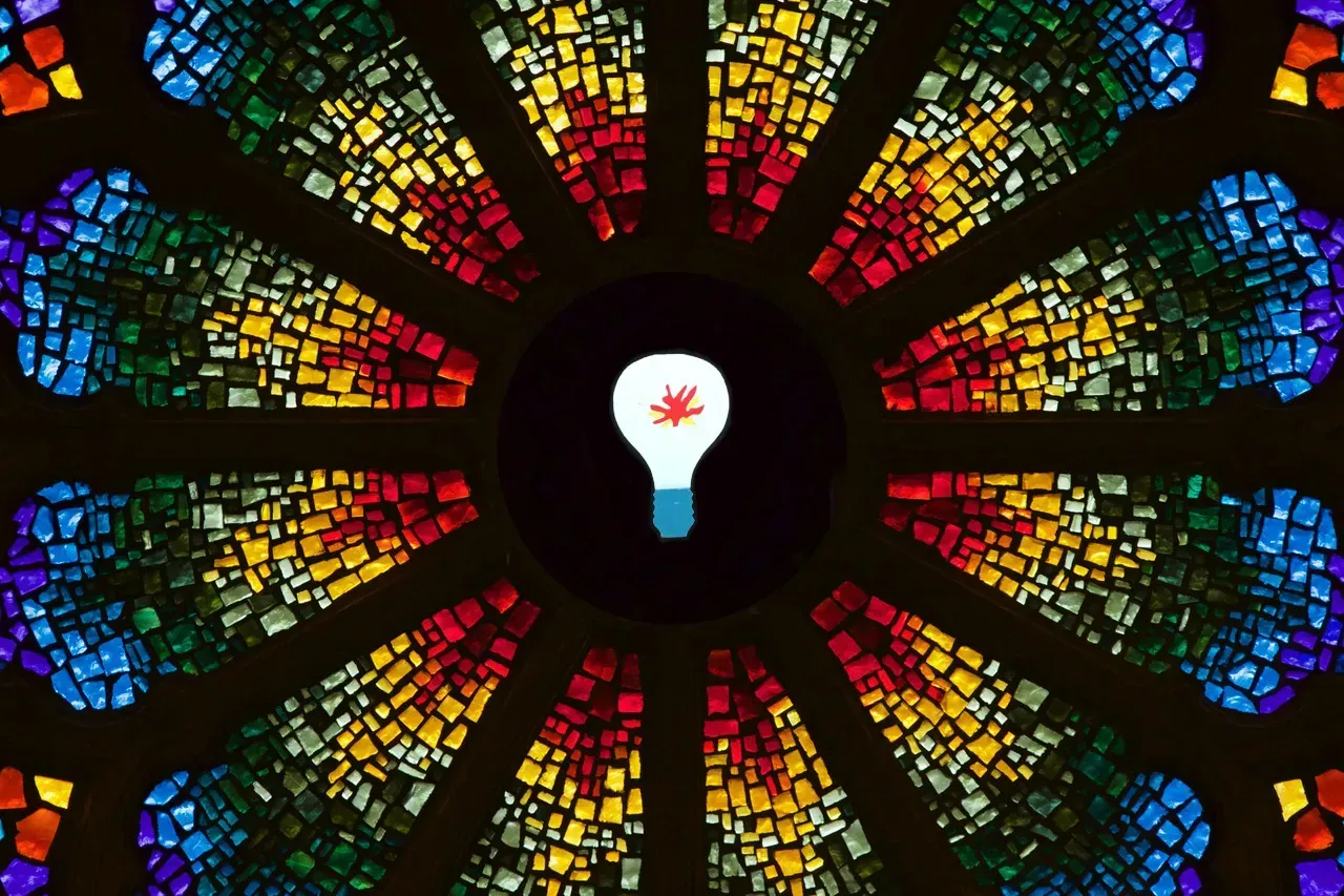 Rose window with a light bulb in the center.