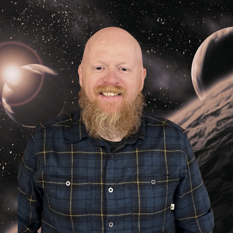 a bald white man with a bear in front of a space backdrop