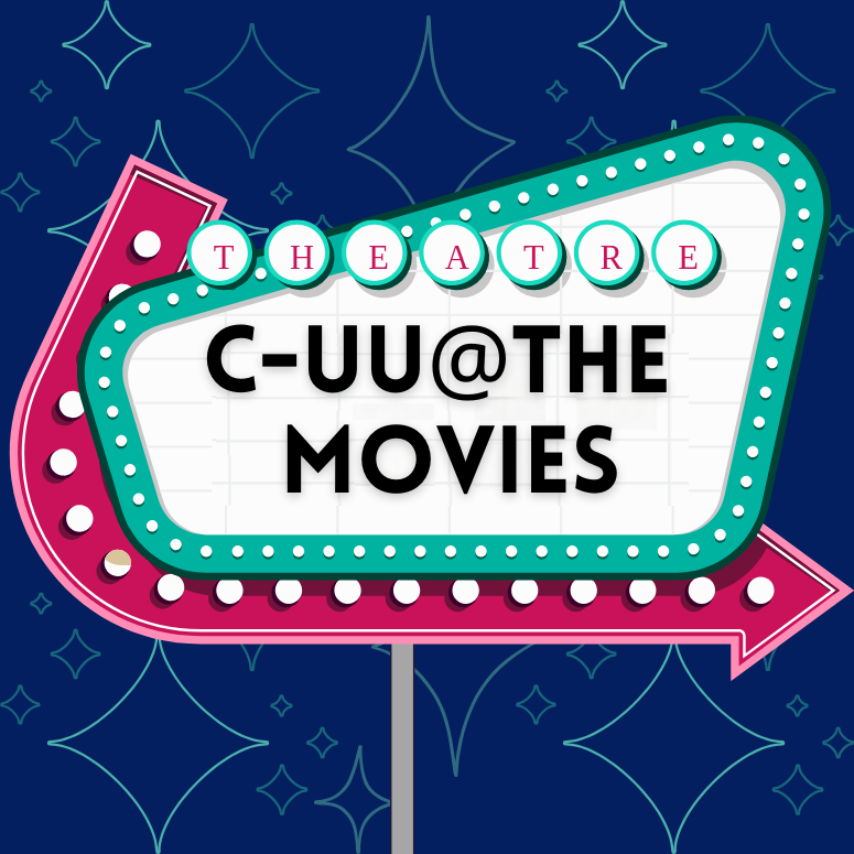 Movie style marquee in blue and pink with C-UU @ the Movies on it in black