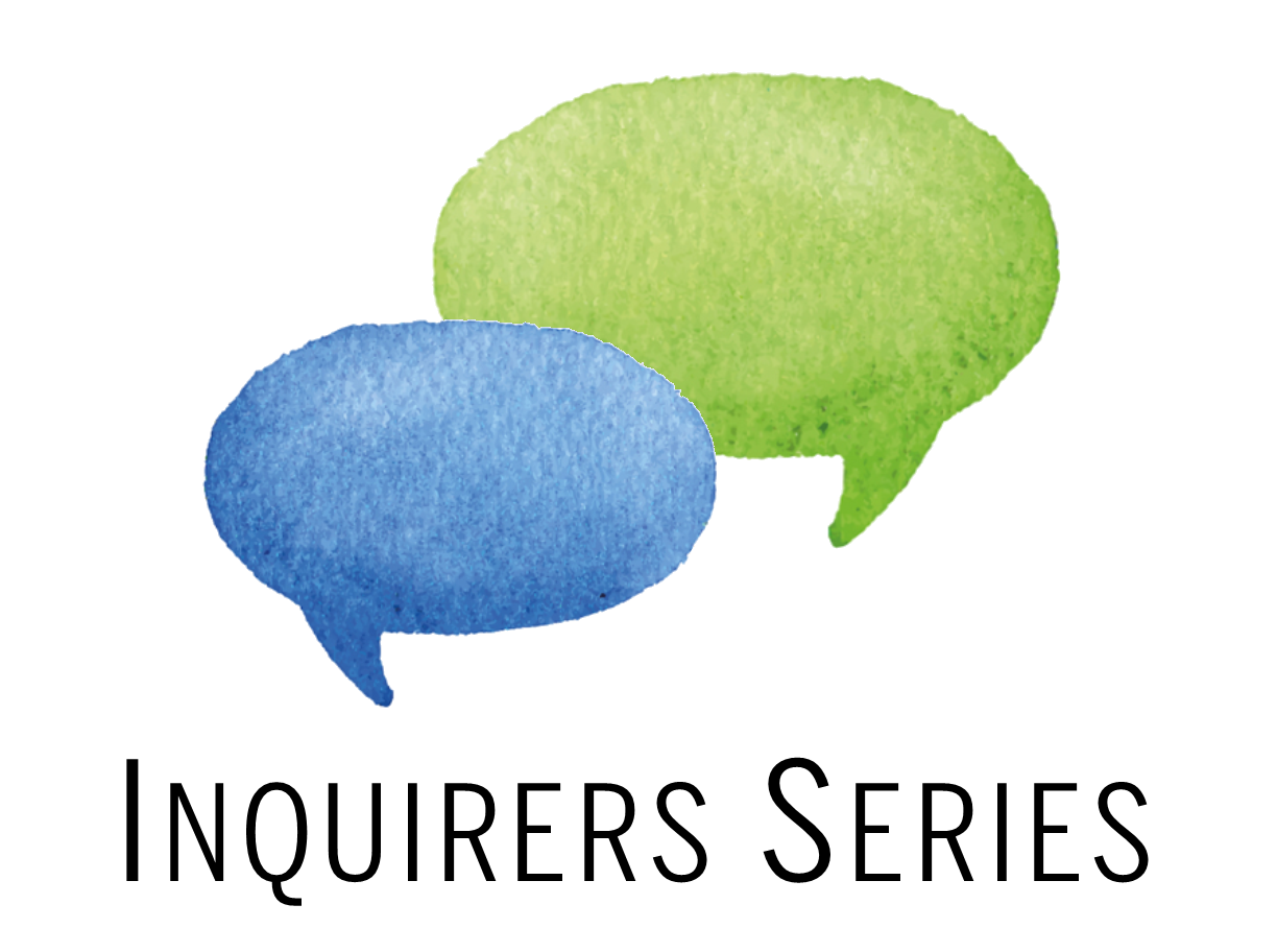 A green with a blue overlapping speech bubble with Inquirers in text