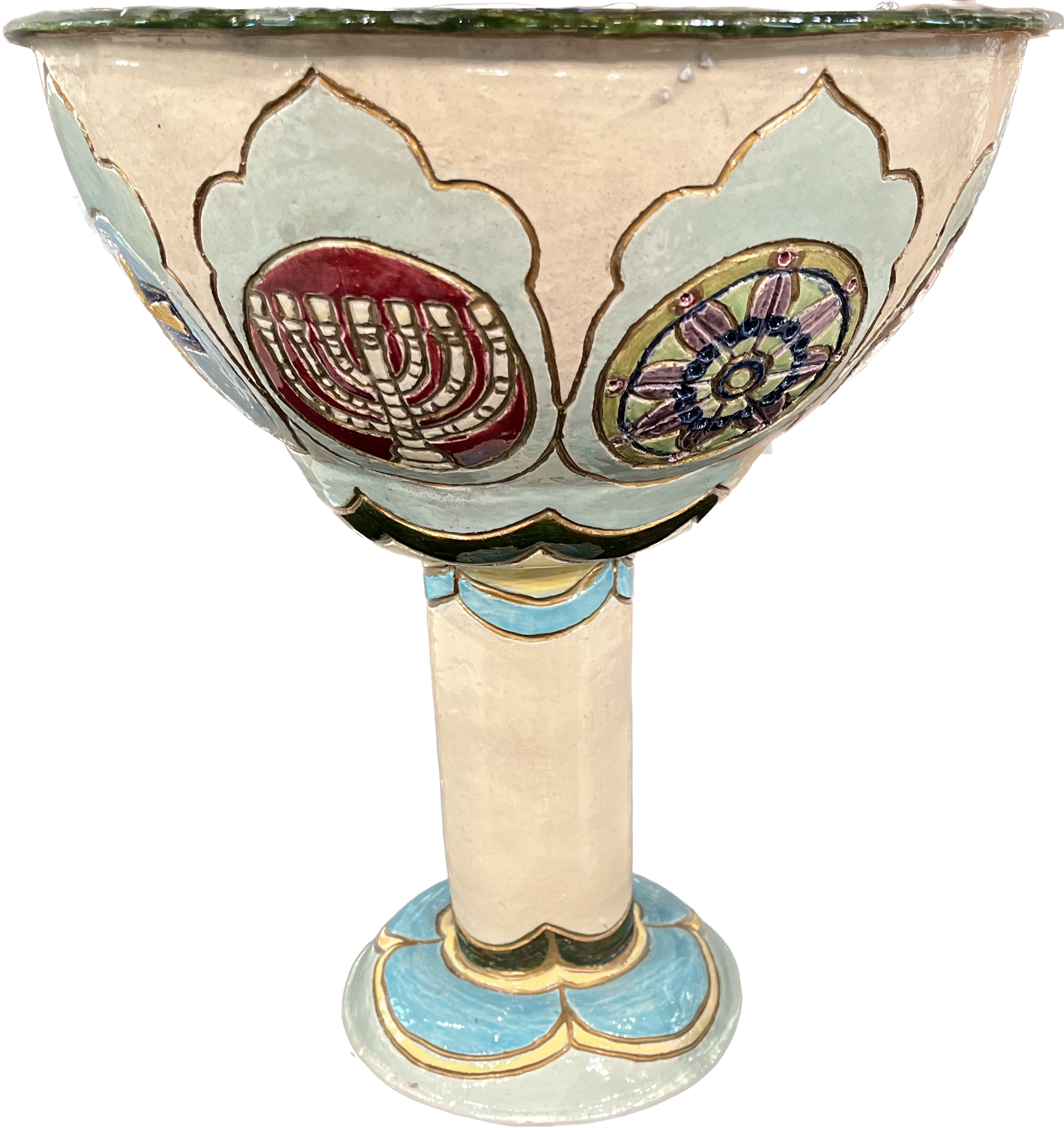 Tan Chalice with inlays of blue and other designs in the chalice.