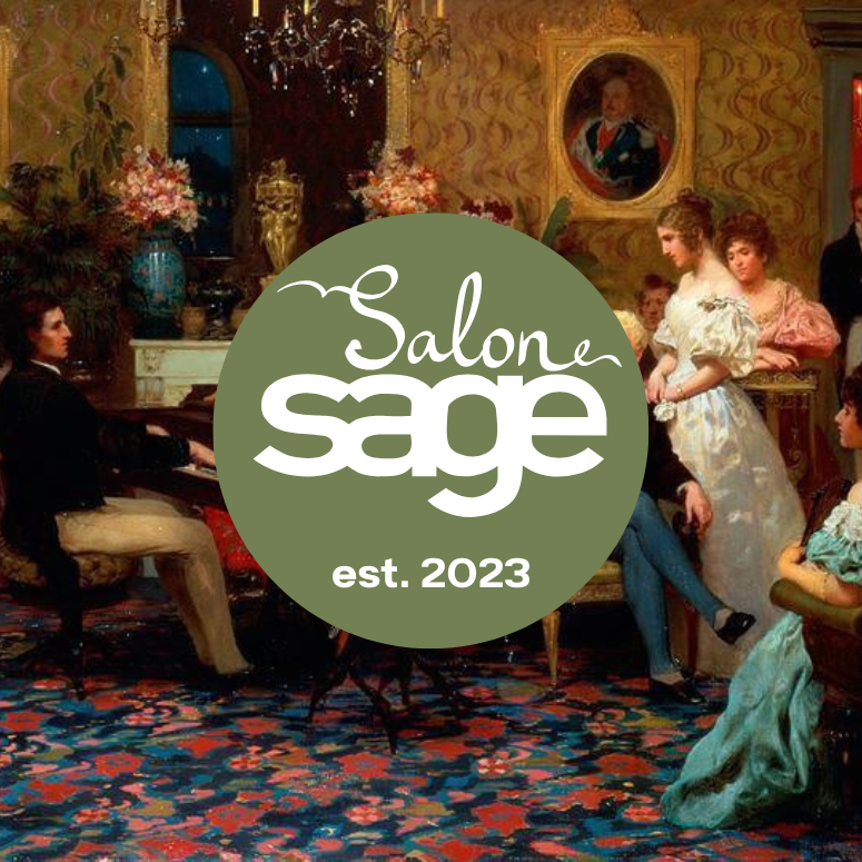Baroque painting of people in a salon with the green logo of Salon Sage on top of it