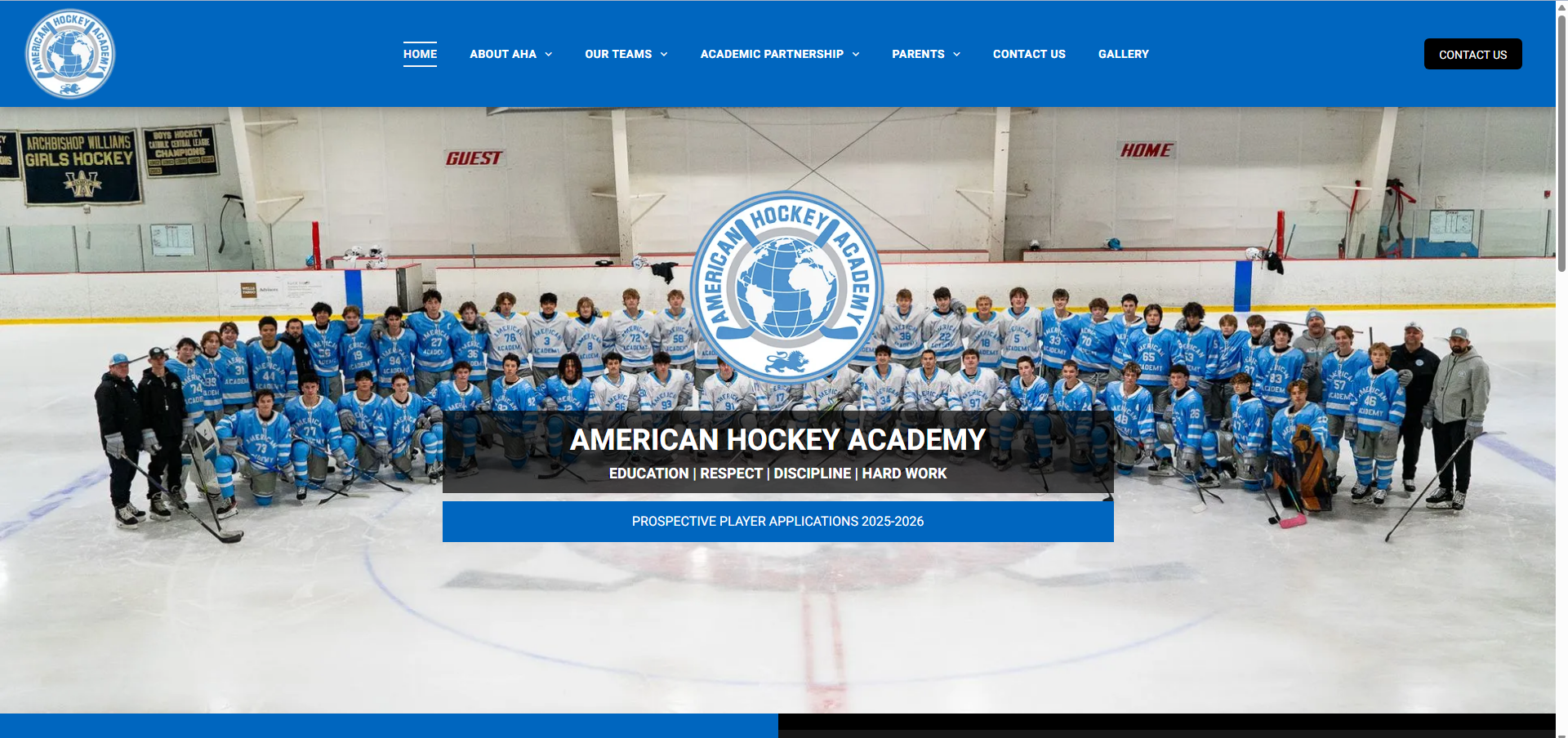 American Hockey Academy website designed and managed by V360Media featuring modern web design and search optimization.