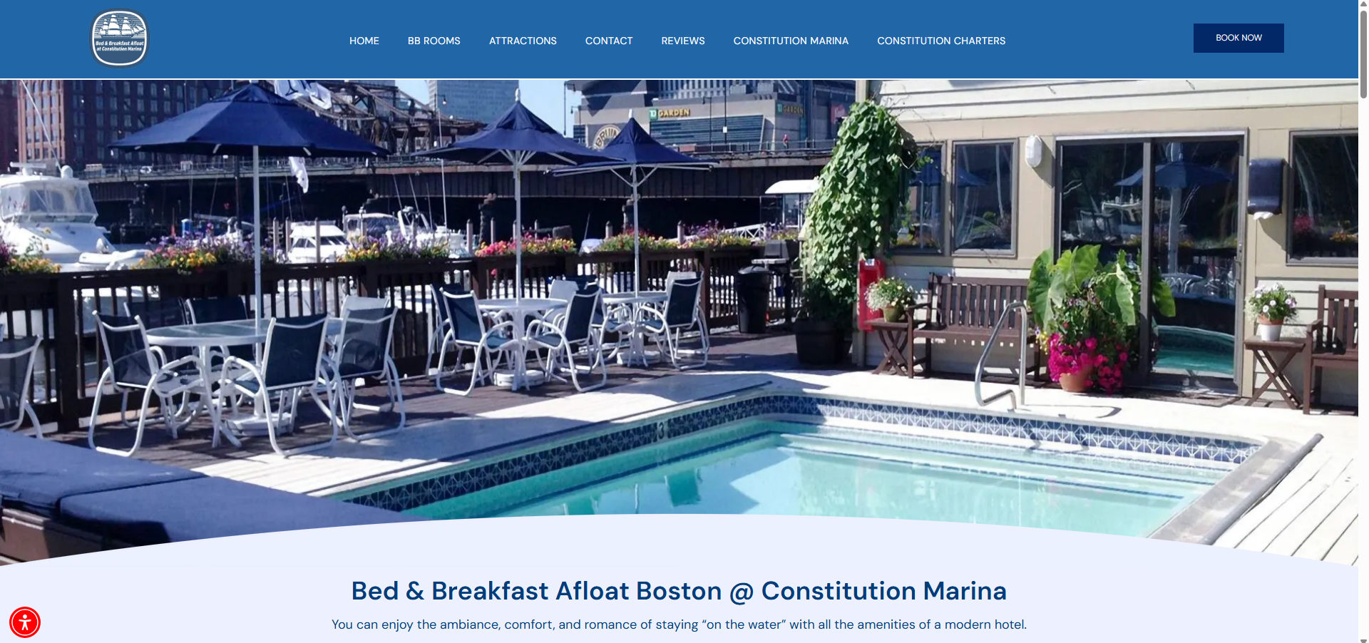 Bed & Breakfast Afloat Boston Harbor lodging website featuring floating accommodations, website design, search optimization, and digital marketing solutions developed by V360Media.