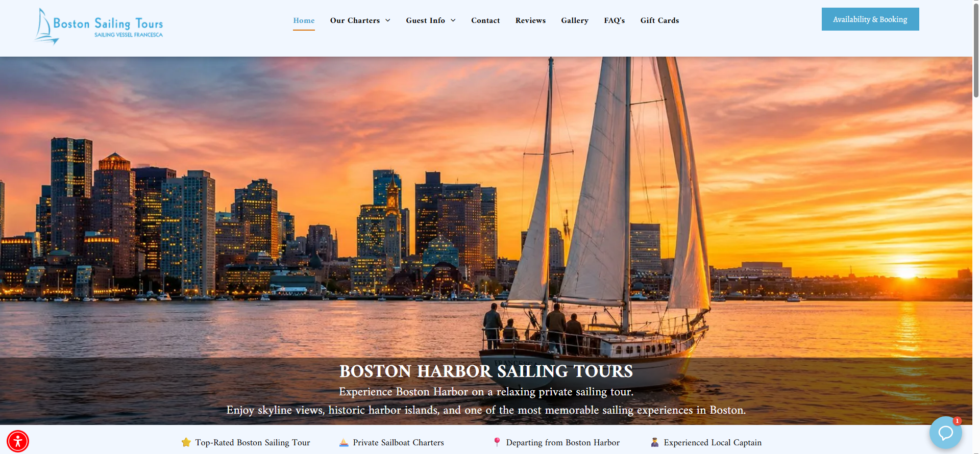 Boston Sail Tours sailing charter website featuring Boston Harbor experiences, professional website design, search optimization, and digital marketing solutions developed by V360Media.