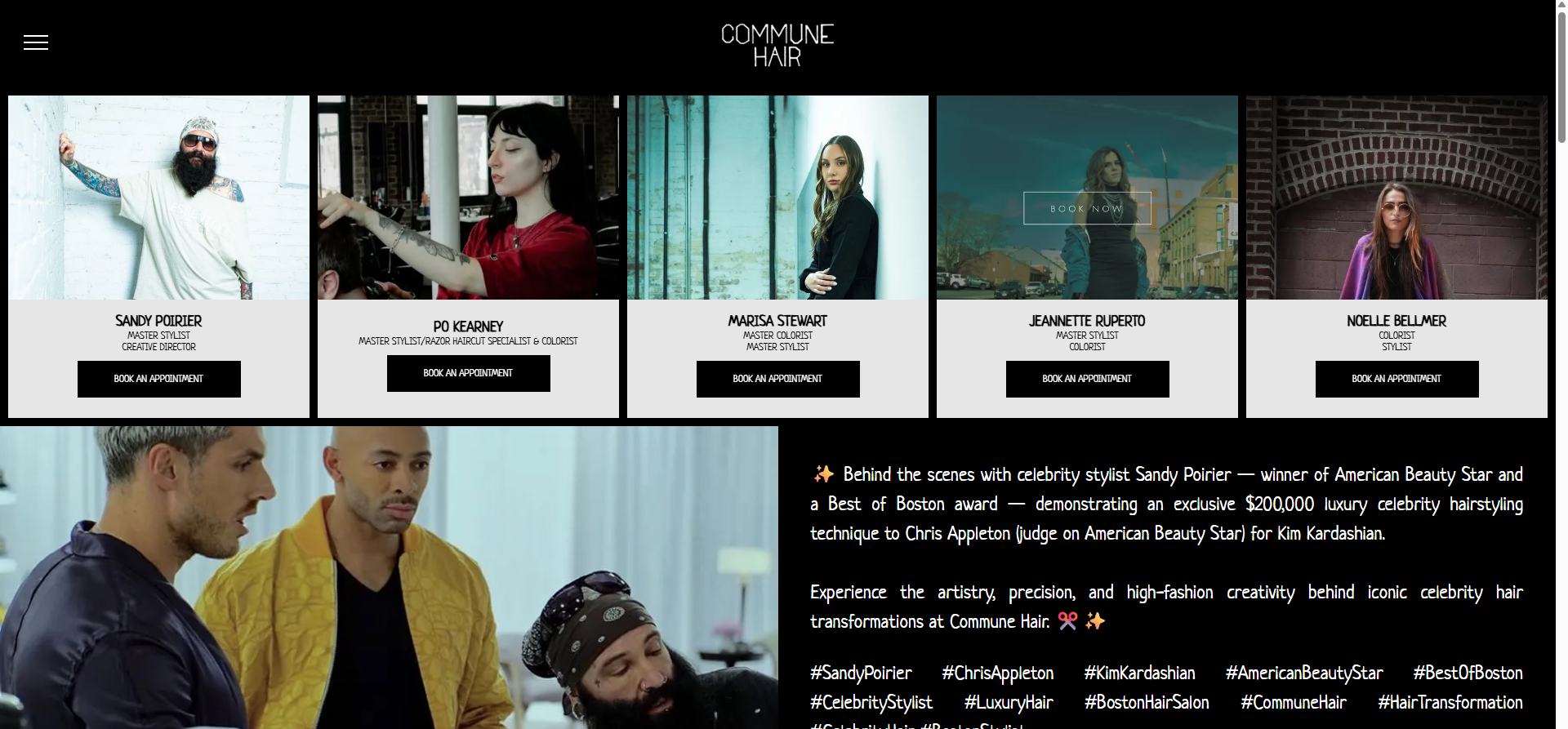Commune Hair salon website featuring modern web design, Google Business Profile optimization, local SEO, and online marketing services by V360Media.