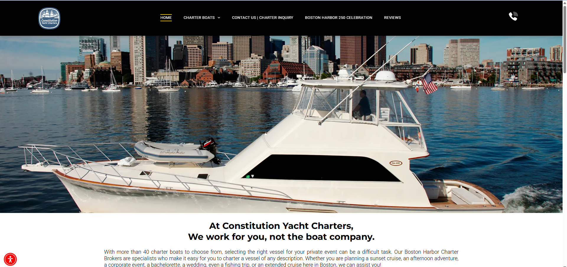 Constitution Yacht Charters website project showcasing private yacht charters in Boston Harbor with professional website design, SEO, tourism marketing, and digital marketing services developed by V360Media.