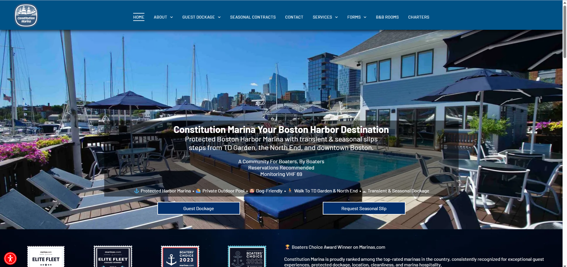 Constitution Marina website project showcasing Boston Harbor marina services, transient dockage, website design, SEO, Google Business Profile management, and digital marketing solutions developed by V360Media.
