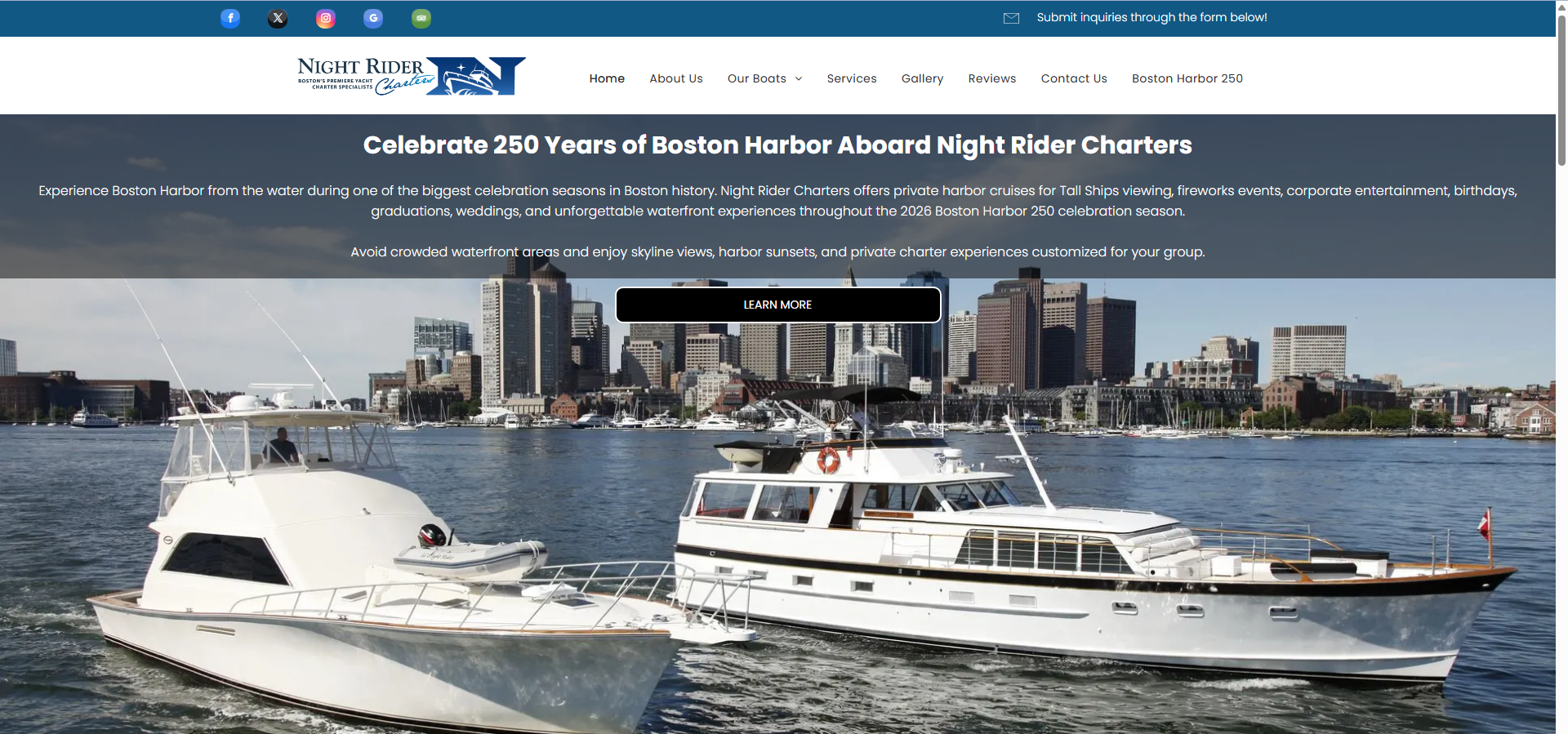 Night Rider Charters website project showcasing Boston Harbor private charters, event cruises, website design, SEO, tourism marketing, and digital marketing services developed by V360Media.