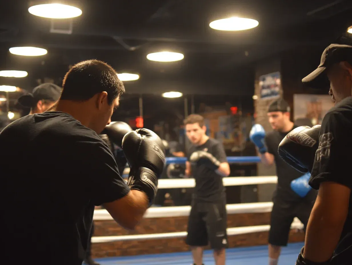 People boxing in a ring; dark room. Fighters wearing gloves are sparring, another person observes from outside the ring.