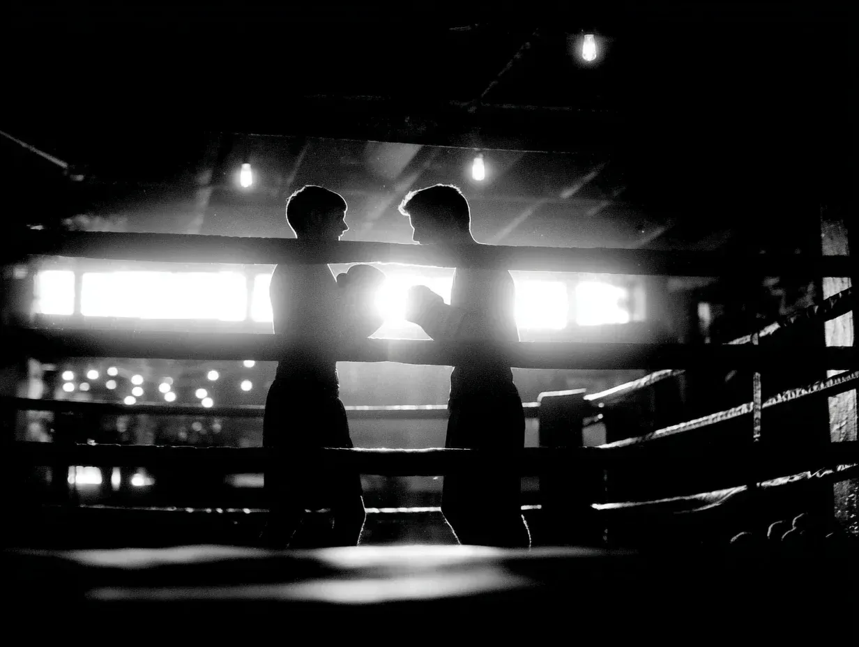 Two boxers sparring in a dimly lit ring, backlit by bright light.