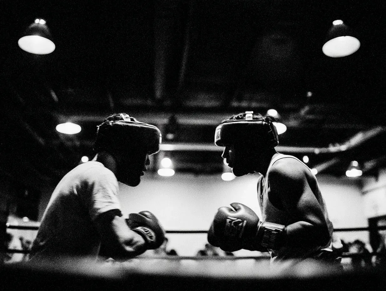 Boxers face off in a boxing ring, wearing headgear and gloves, lit by overhead lights.