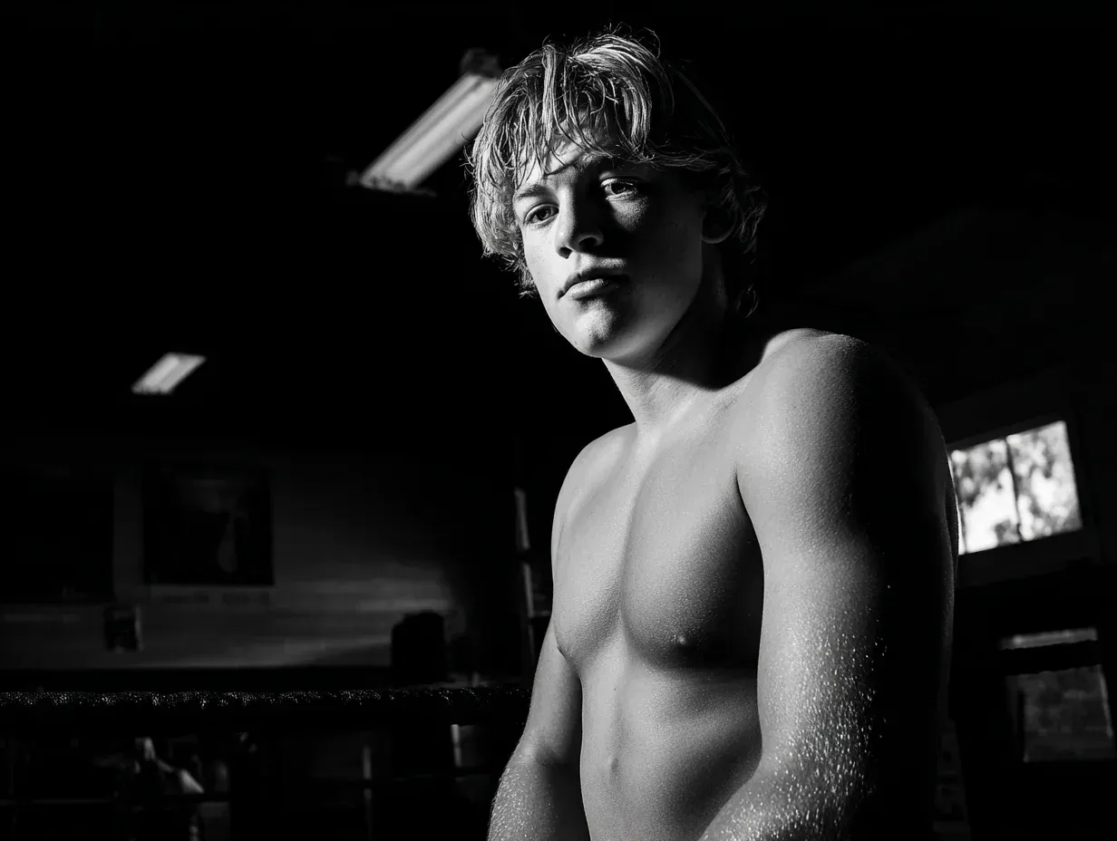 A shirtless person stands in a dark gym, looking at the camera. Their hair is wet, and they have a serious expression.