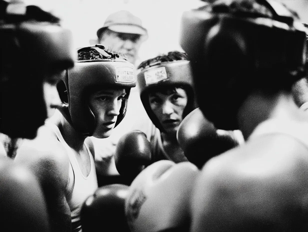 Boxers in a huddle, wearing protective headgear and gloves, coach observing in background.