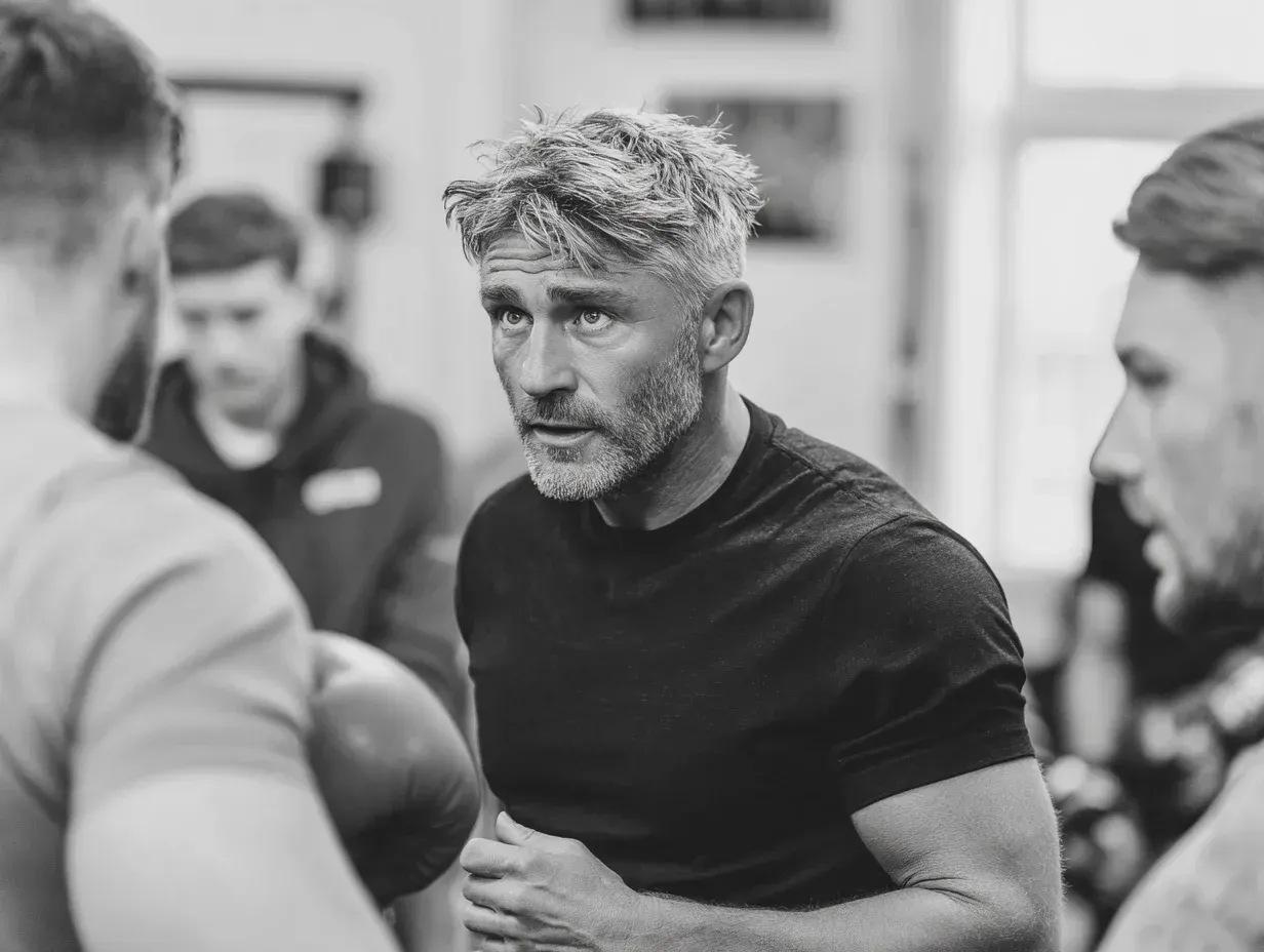 Man with graying hair coaches boxers in a gym. He is gesturing and talking intensely.