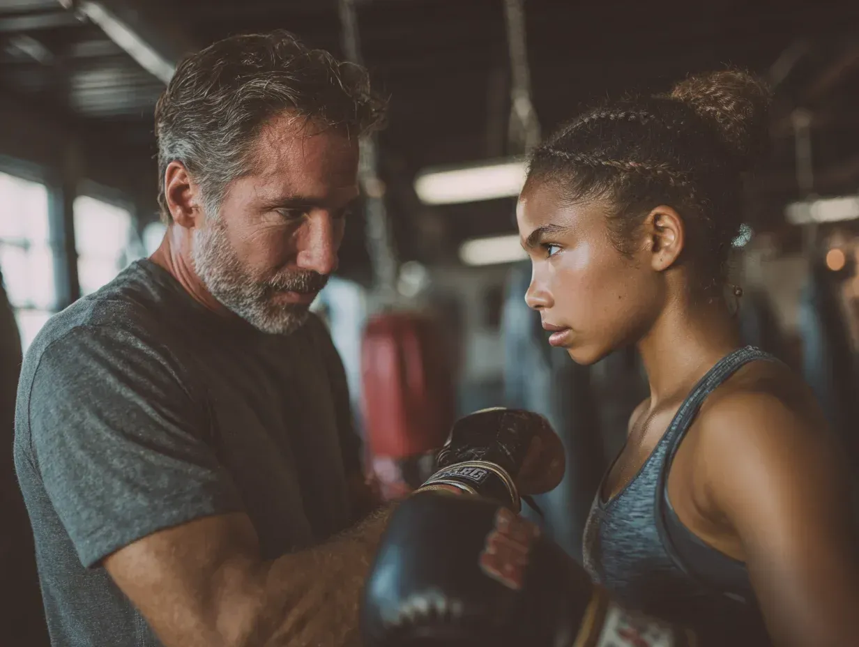 Trainer adjusting boxing glove on a woman in a boxing gym.