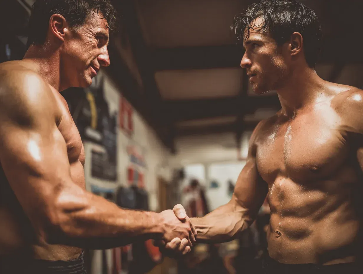 Two shirtless men shake hands in a dimly lit gym, faces intense, sweaty, muscles visible.