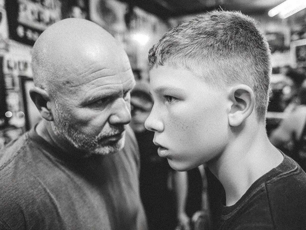 A bald man confronts a young person with a focused expression inside a boxing gym.