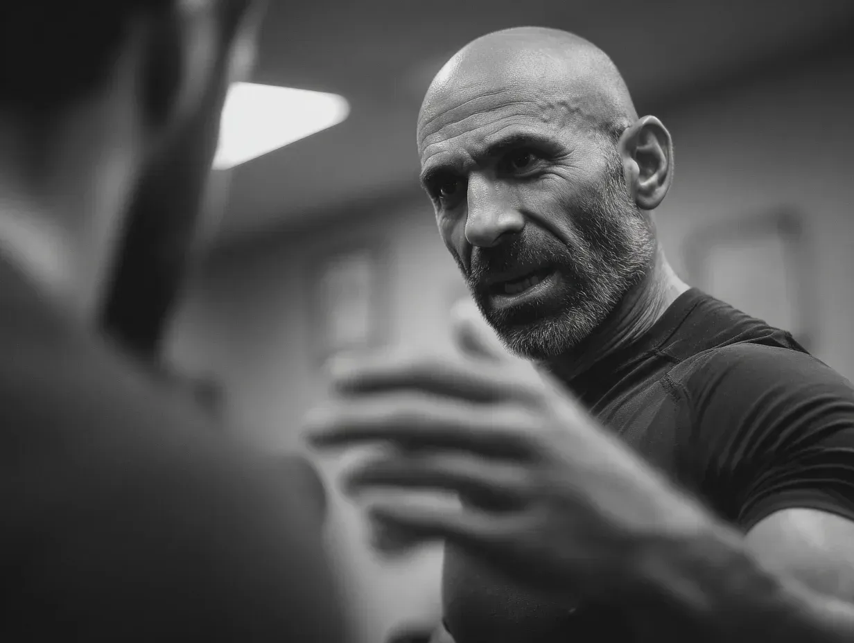 Bald man in a dark shirt gestures intently towards a person out of frame, in a dimly lit setting.