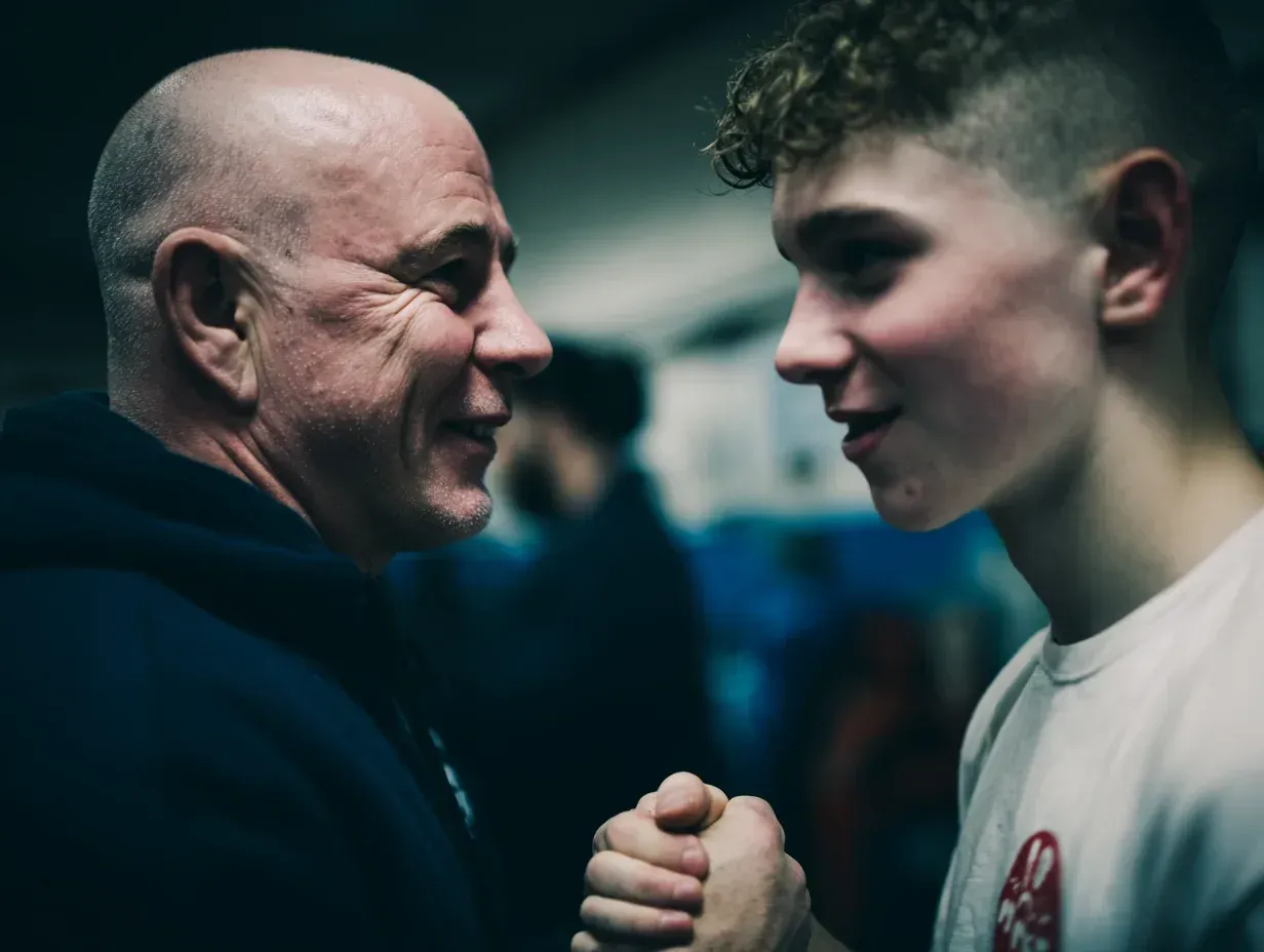 Two men, one older with a shaved head and one younger, gripping hands, smiling in a gym setting.