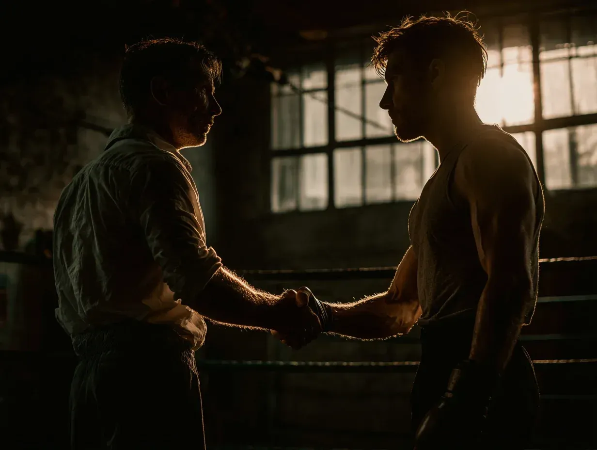 Two men shake hands in a boxing ring, backlit by sunlight.