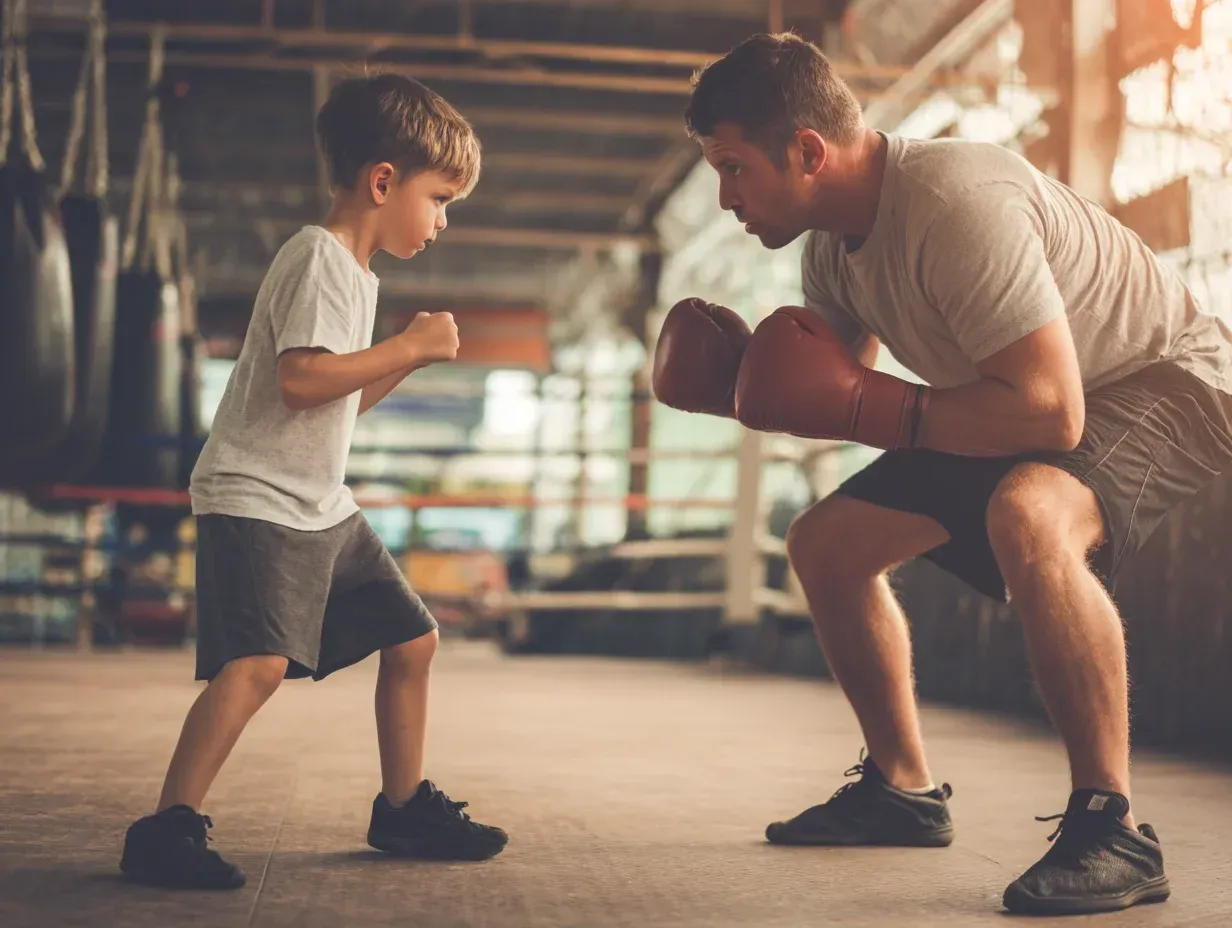 Man and young boy in boxing stances in a gym. The man wears gloves; they face each other.