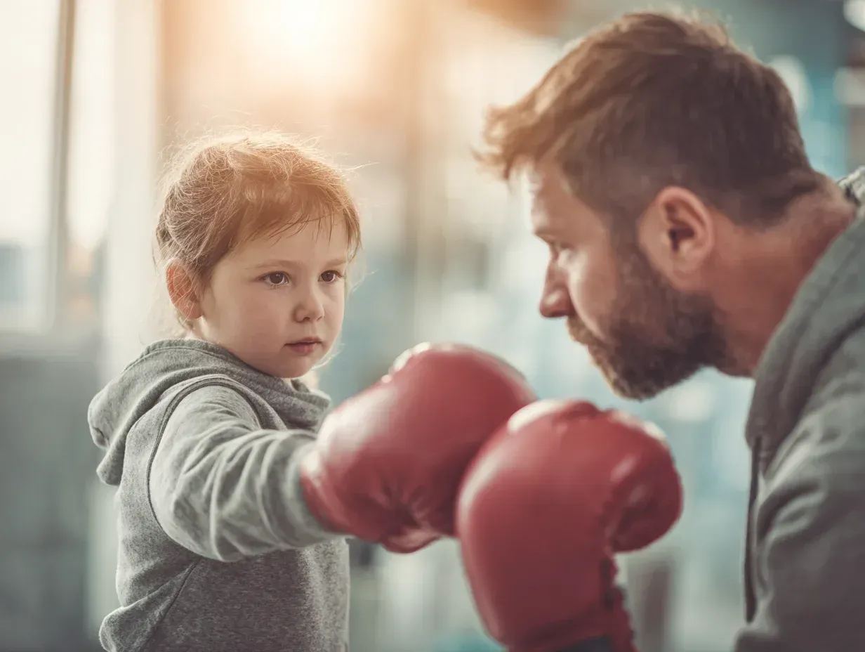 Child wearing boxing gloves practices with a man, in a gym.