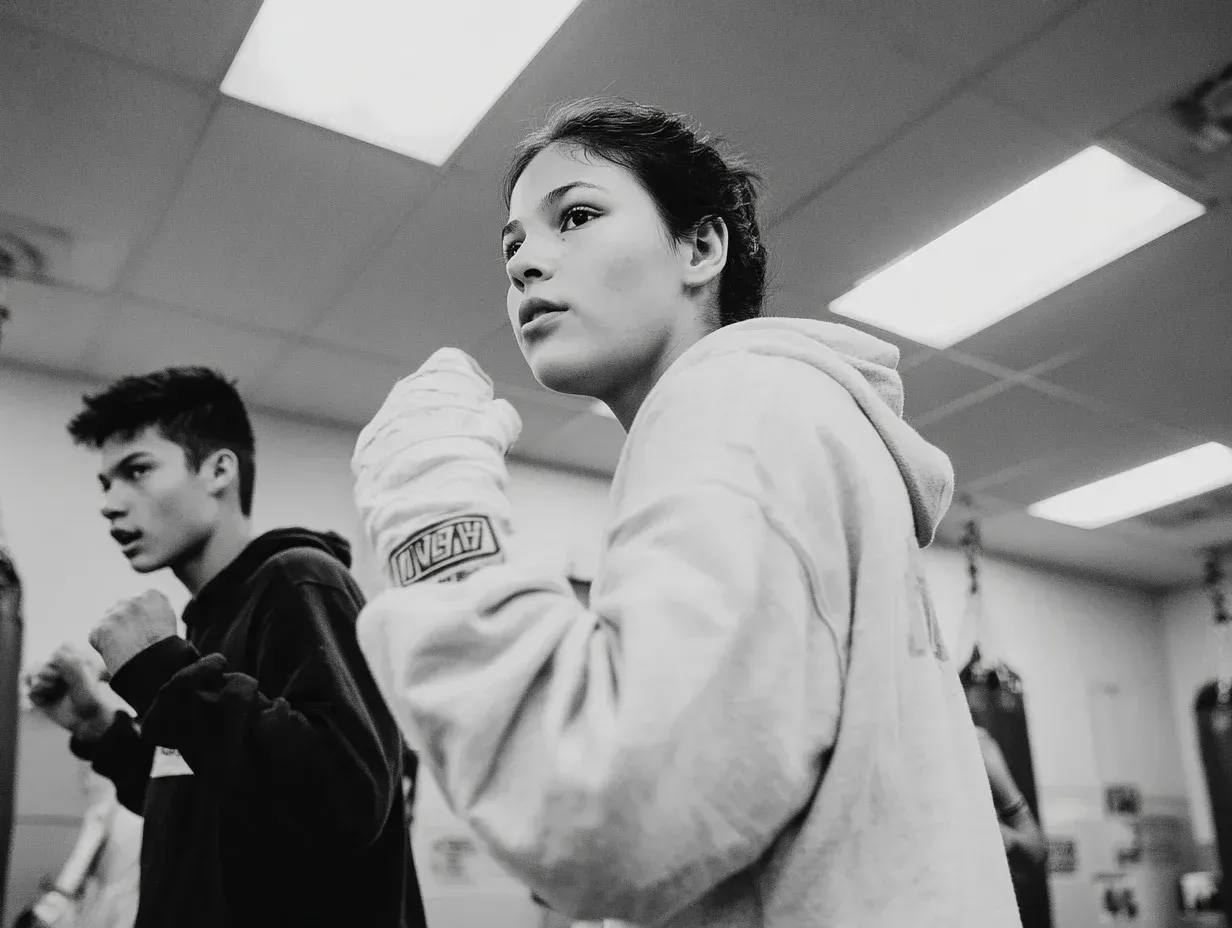 Two people in boxing stance in a gym. Woman in white hoodie, man in black hoodie, fists up, focused expressions.