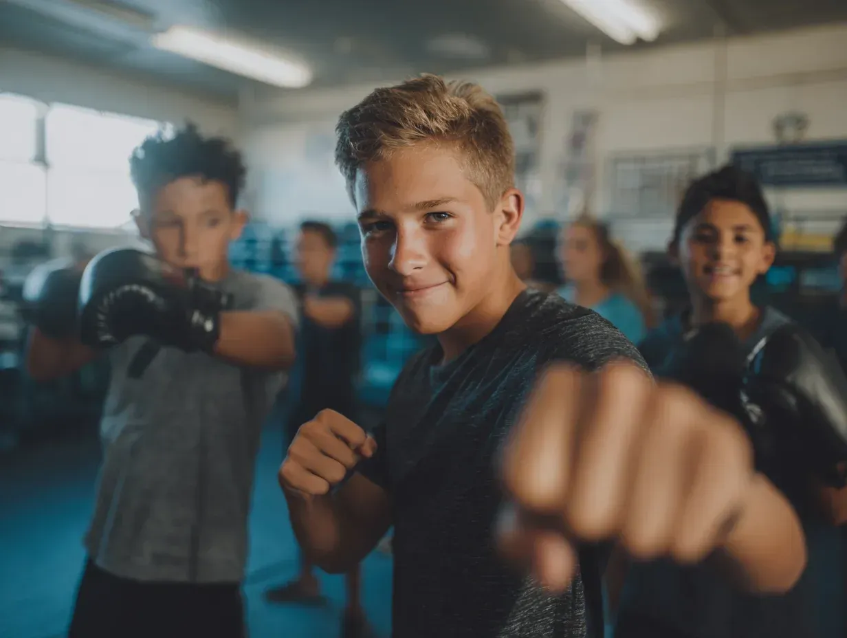 Boy throwing a punch in a boxing gym, smiling at the camera, with other kids in the background.